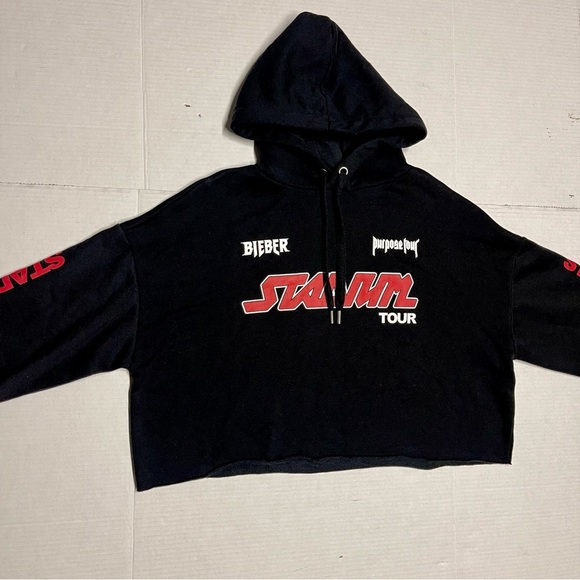 Divided Tops - Justin Bieber Purpose Stadium Tour Black Cropped Hoodie Sweatshirt Womens Large